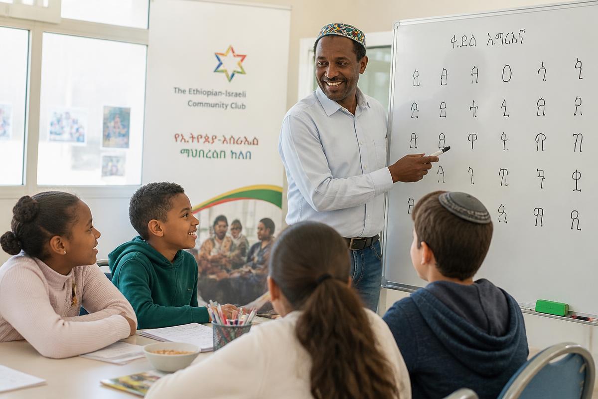 אבי מלמד קבוצת ילדים אמהרית ליד לוח עם אותיות פידל